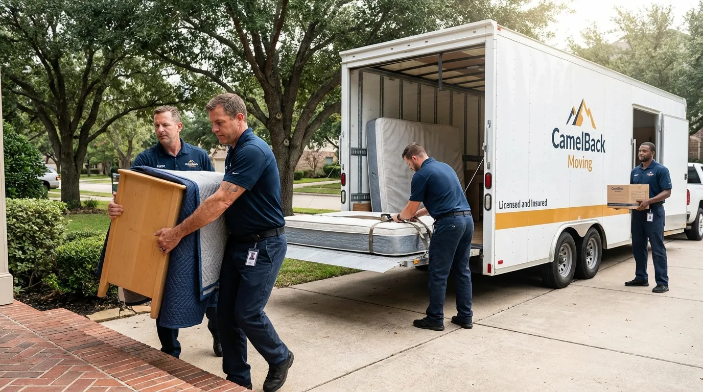 Crew loading residential truck for cross-state move from Snyder, TX