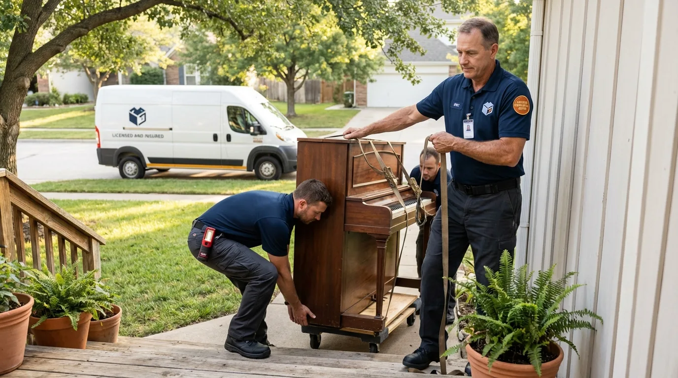 Licensed piano movers securing grand piano in Snyder, TX